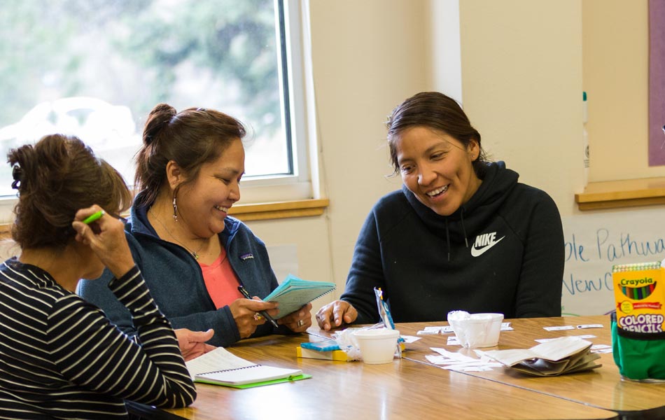Small group of adults seated around a table collaborating on an activity, with notebooks, cards, and learning materials spread out, in a classroom setting.